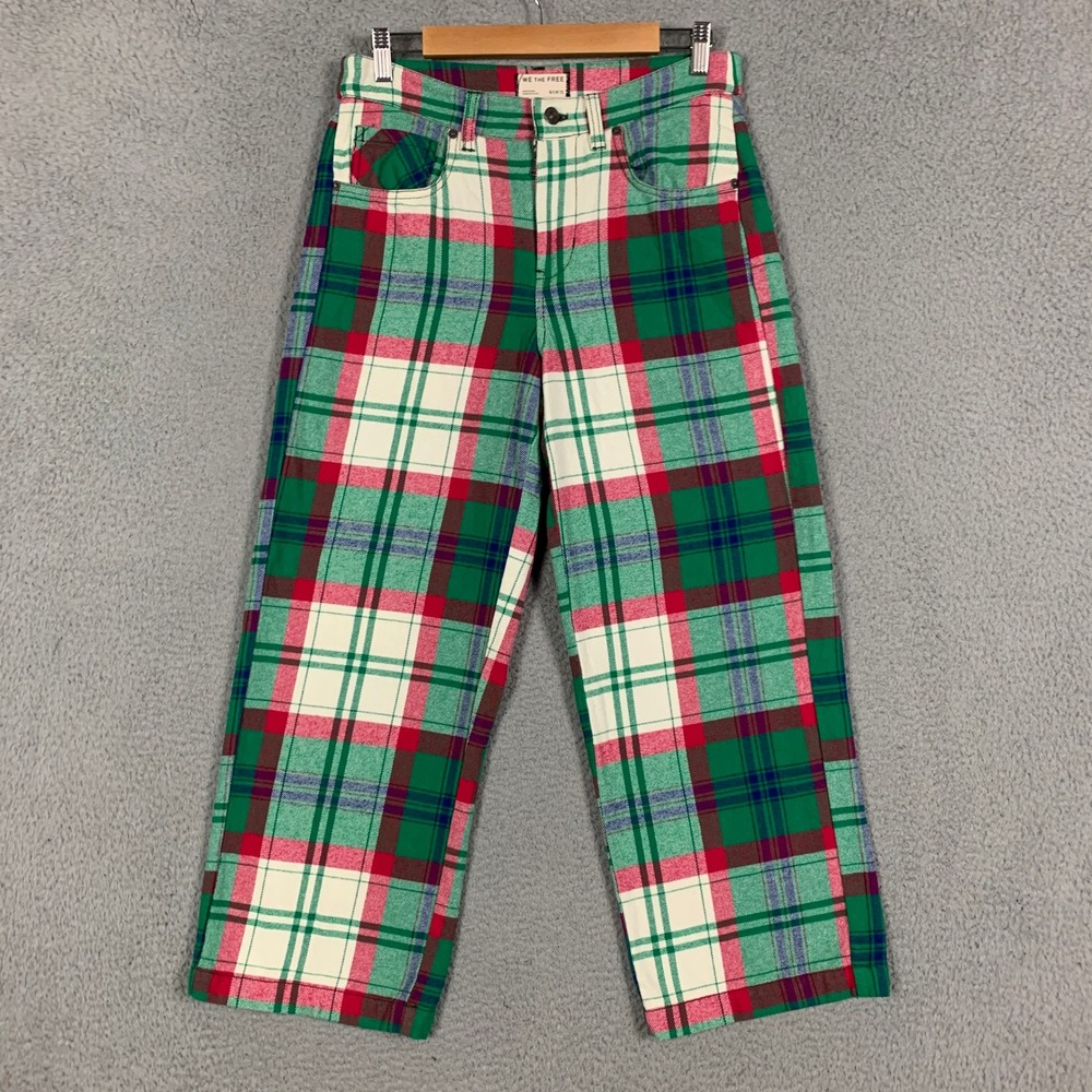 We The Free Cheers Wide Leg Pant Womens 8 Green/Red Multi Plaid High Rise Cotton